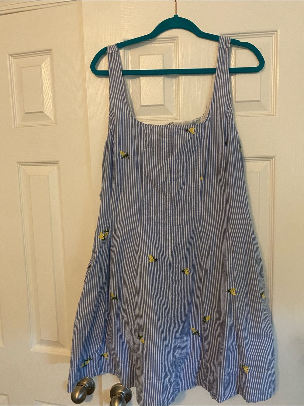Blue and White Striped Casual Sundress with Yellow Floral Embroidery